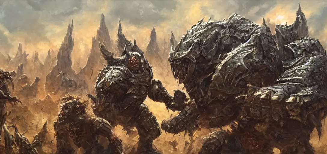 Image similar to oil painting of single giant conquering orc in full sci - fi armor roars as it steps over it's fallen enemy's bodies