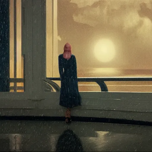 Image similar to Elle Fanning lost at sea at night in the world of Edward Hopper, stormy snowy weather, streetlights, extremely detailed masterpiece, oil on canvas, low-key neon lighting, artstation, Blade Runner 2049, Roger Deakin’s cinematography, by J. C. Leyendecker and Peter Paul Rubens,