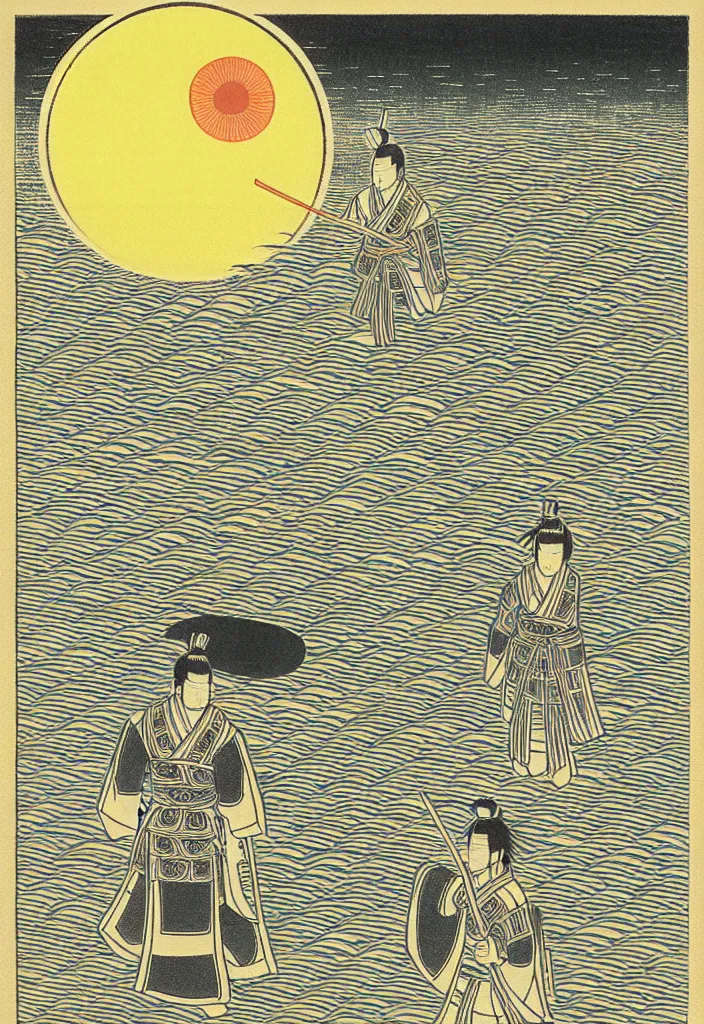 Image similar to prompt: Samurai standing in the middle of the lake with a big sun above him and clody skydrawn by TakatoYamamoto, Japanese woodblock print style, inspired by 1980's sci-ci, clean ink detailed line drawing, intricate detail, manga 1980