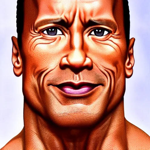 Image similar to ( dwayne rock johnson ) have a body of arnold arnold schwarzenegger. symmetric face, coherent face, coherent eyes, symmetric eyes