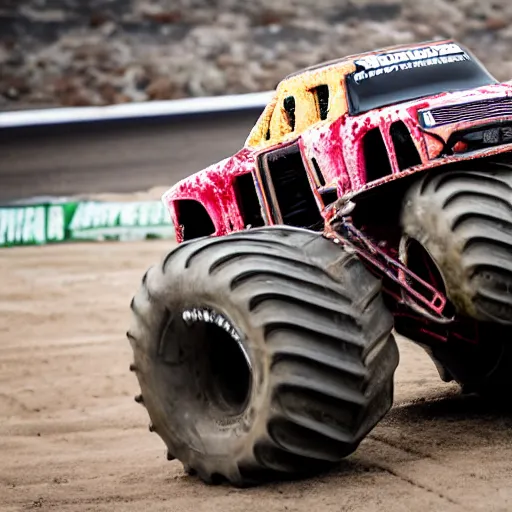 Image similar to monster truck driving on a blanket, sigma 1 0 5 mm f 2. 8