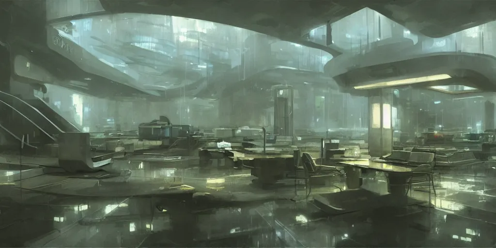 Image similar to a futuristic luxury high tech police station interior, painting by craig mullins, interior design, octane rendering, warm moody lighting, wide angle lens, low view, in the style of blade runner
