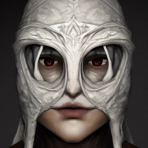 Image similar to a hyper realistic and detailed portrait of zum the planeswalker wearing a full face white marble mask, focus on face, mystic, mysterious, merchant collector, 8k, no skin, black eyes, trending on artstation, masterpiece