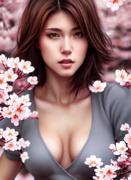 Prompt: photo of a gorgeous female with short brown hair in the style of stefan kostic, realistic, body shot, sharp focus, 8 k high definition, insanely detailed, intricate, elegant, art by stanley lau and artgerm, cherry blossoms