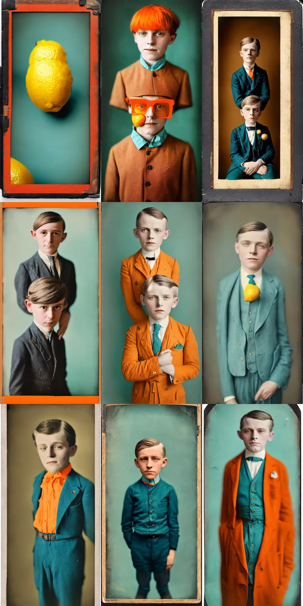 Image similar to kodak portra 4 0 0, wetplate, 8 k, shot of a highly detailed, britt marling style, colour still - life portrait of a lemon looks like a handsome 8 year old boy, 1 9 2 0 s cloth, 1 9 2 0 s hair, teal and orange, muted coloures