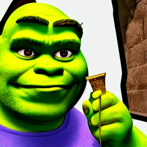 Prompt: shrek smoking crack out of a pipe