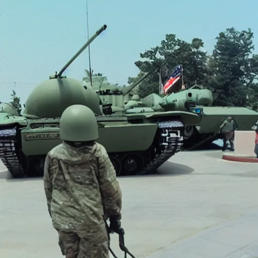 Prompt: Military tank refueling at public gas station, CCTV footage photograph