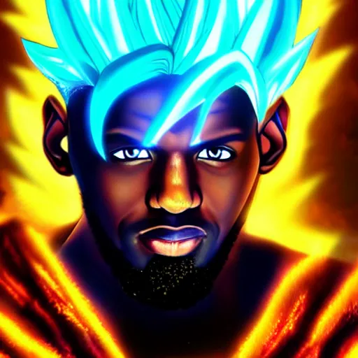 Image similar to Lebron James Lebron James Lebron James Lebron James Lebron James cosplay as Super saiyan Goku, light shining, glowing body, detailed digital art, colourful masterpiece beautiful beautiful beautiful