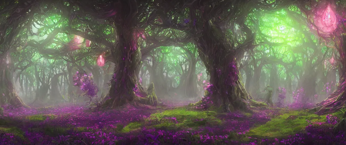 Image similar to a digital painting of a magical fantasy forest, large magical trees, magical flowers, hanging lanterns, godrays, mystical, evening, concept art, trending on artstation, matte painting, high detail, high quality, pink/purple/green colour scheme