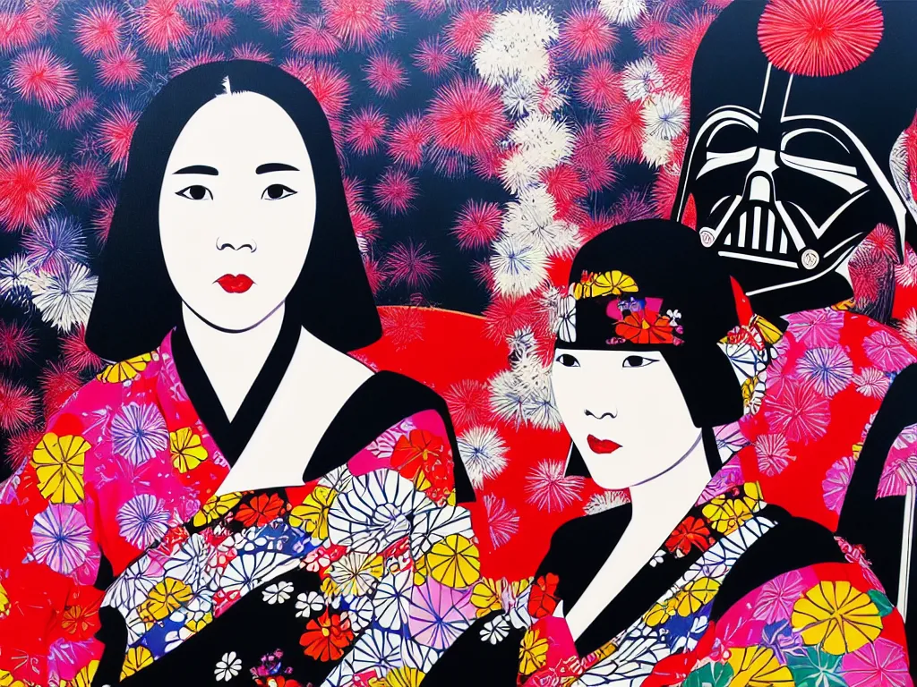 Image similar to hyperrealistic composition of the detailed woman in a japanese kimono sitting at a extremely detailed poker table with detailed darth vader, fireworks, mount fuji on the background, pop - art style, jacky tsai style, andy warhol style, acrylic on canvas