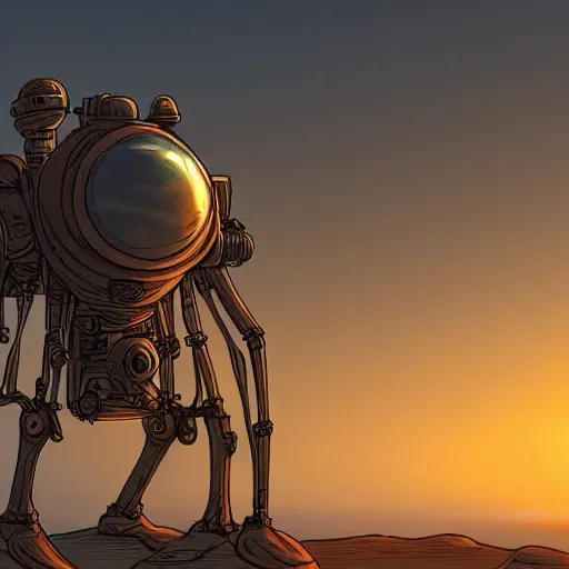 Image similar to a steampunk mech on an alien planet, at sunset with smog