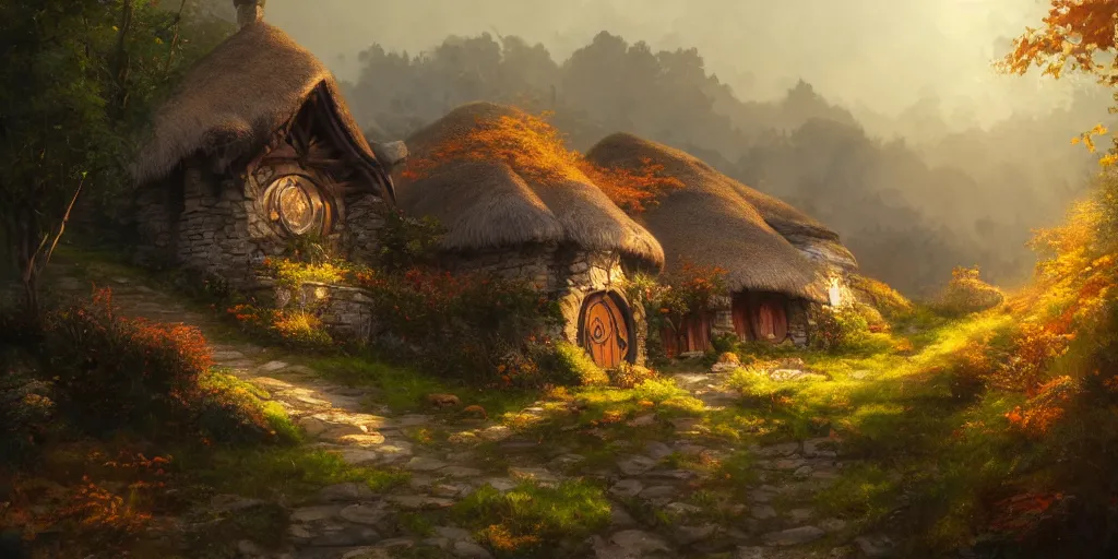 Prompt: a hobbit cottage on top of a steep hill, greg rutkowski, zabrocki, moebius, karlkka, jayison devadas, highly detailed, autumn sunlights, smoky atmosphere, ( ray of sunlight ), trending on artstation, 8 k, ultra wide angle, zenith view, pincushion lens effect