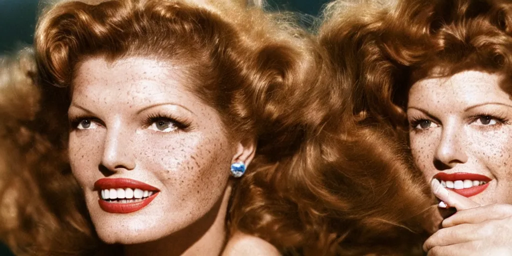 Image similar to natural 8 k close up shot of rita hayworth with freckles, natural skin and beauty spots in a 2 0 0 5 romantic comedy by sam mendes. she stands and looks on the horizon with winds moving her hair. fuzzy blue sky in the background. no make - up, no lipstick, small details, wrinkles, natural lighting, 8 5 mm lenses, sharp focus