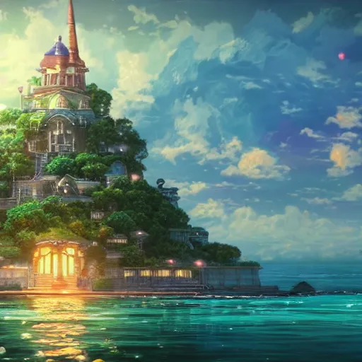 Image similar to the aesthetic view of the beautiful, grand, wistful, dreamy lonely island at dusk, hyperrealistic anime illustration by iralki nadar, colorful, extremely detailed, intricate linework, super sharp focus, bright colors, octopath traveler, studio ghibli, unreal engine 5 highly rendered, global illumination, radiant light, detailed and intricate environment