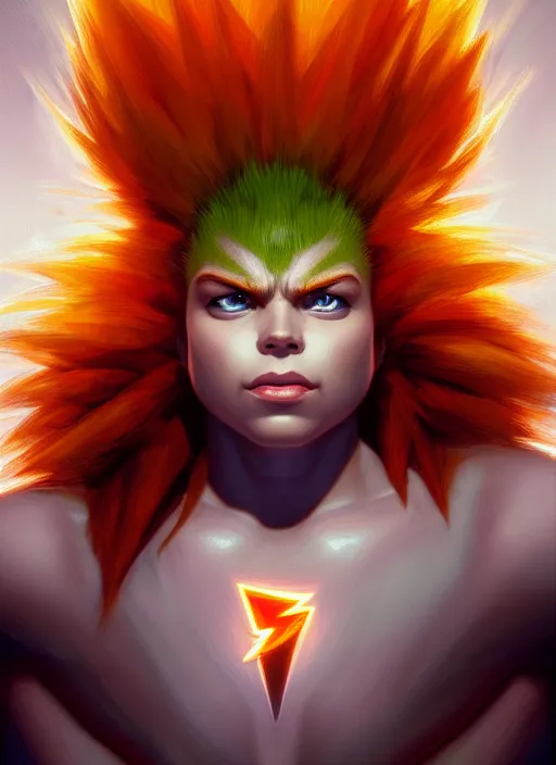 Image similar to symmetry!! portrait of blanka with lightning, street fighter, global illumination!! intricate, elegant, highly detailed, digital painting, artstation, concept art, smooth, sharp focus, illustration, art by artgerm and greg rutkowski and alphonse mucha