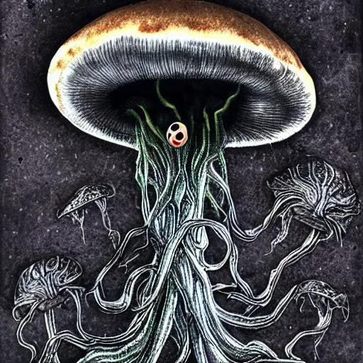 Image similar to horror alien mushroom with tendrils, oozing black goo, high detail