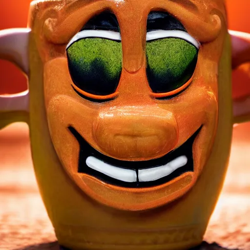 Image similar to a closeup photorealistic photograph of an orange cat garfield style tiki mug at a trader vic's restaurant with garfield's face on the front. tiki party. bright scene. fine detail. this 4 k hd image is trending on artstation, featured on behance, well - rendered, extra crisp, features intricate detail, epic composition and the style of unreal engine.