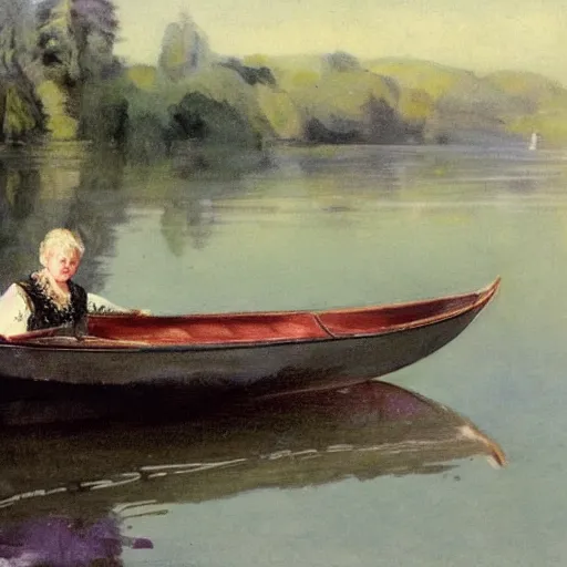 Image similar to An edwardian woman sitting in a boat on a calm lake in the style of Anders Zorn