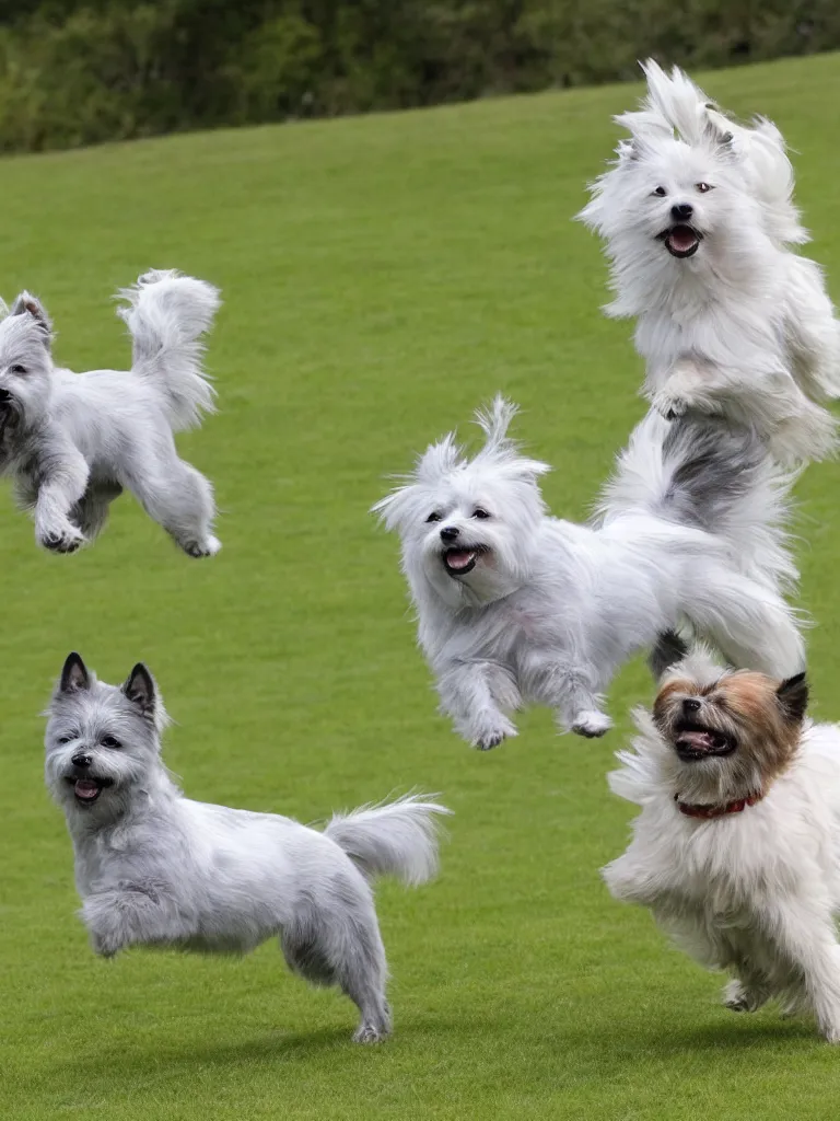 Prompt: a gray german spitz fights a white west highland terrier