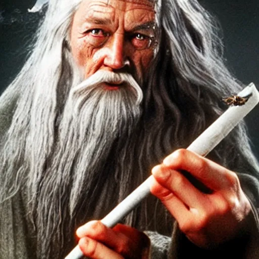 Prompt: gandalf smoking weed with red eyes