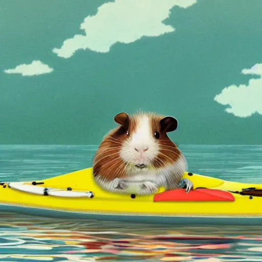 Prompt: a guinea pig paddling a kayak in the style of Studio Ghibli