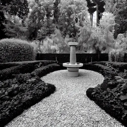 Prompt: a garden themed after david lynch, photography, black and white,