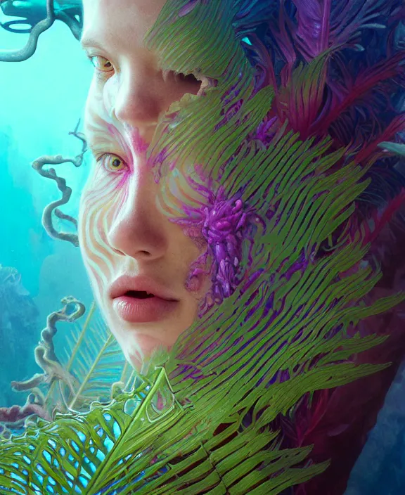 Image similar to filigreed colorful transparent portrait of a terrifying beautiful alien sea creature, fronds, mottled coloring, botany, adorable, childlike, horror environment, ultra realistic, concept art, art nouveau, photorealistic, octane render, 8 k, unreal engine. art by christopher marley and artgerm and greg rutkowski and alphonse mucha