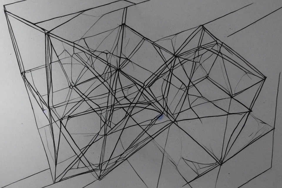 Image similar to geometric anamorphic drawing of a tesseract