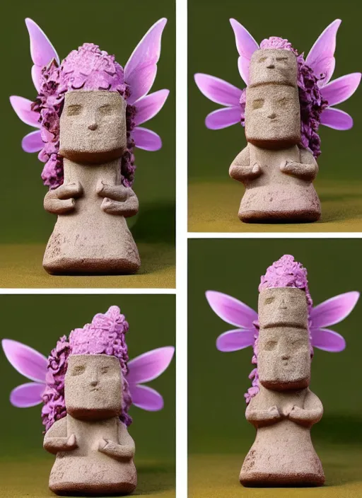 Prompt: a wholesome femo figurine of a cute funny moai fairy with freckles wearing a frilly floral moai dress featured on dark souls by studio ghibly and h r giger made of easter island head, pastels, wide angle, dynamic dancing pose, 🎀 🗿 🧚