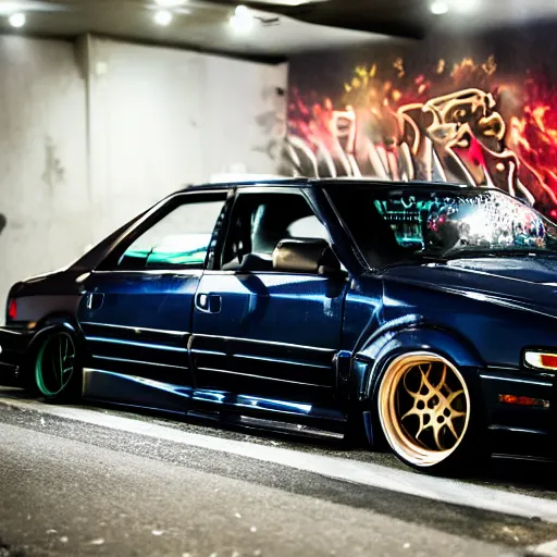 Image similar to a car JZX100 turbo drift at illegal car meet, Shibuya prefecture, midnight mist lights, cinematic color, photorealistic, highly detailed wheels, highly detailed