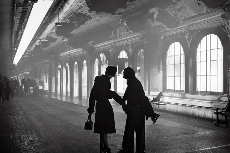 Image similar to couple in a glamorous old train station by Roger Deakins