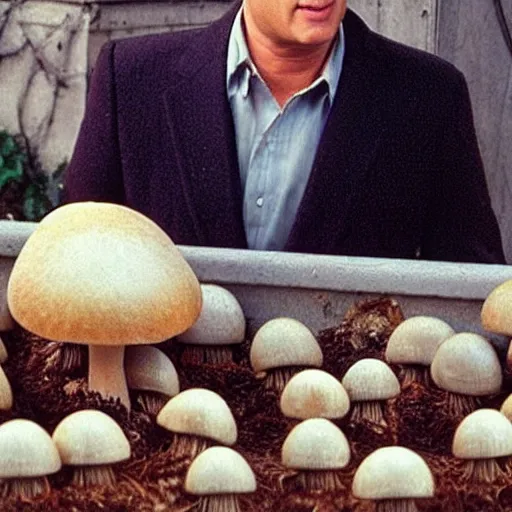 Prompt: tom hanks growing mushrooms from his bare chest