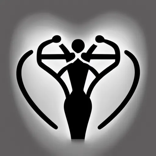 Image similar to clean black and white print on white paper, high contrast, logo of stylized gymnast silhouette forming a symmetric heart