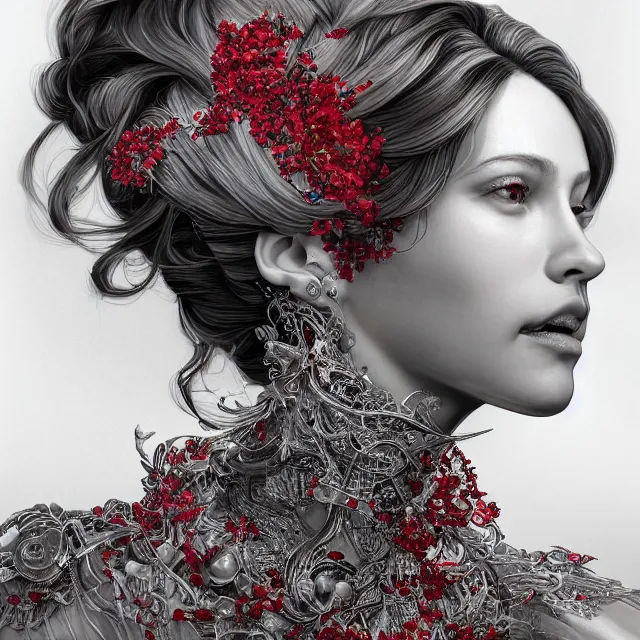 Image similar to studio portrait of absurdly beautiful, elegant, young woman made of rubies looking up, ultrafine hyperrealistic detailed face illustration by kim jung gi, irakli nadar, intricate linework, sharp focus, bright colors, matte, octopath traveler, final fantasy, unreal engine highly rendered, global illumination, radiant light, intricate environment