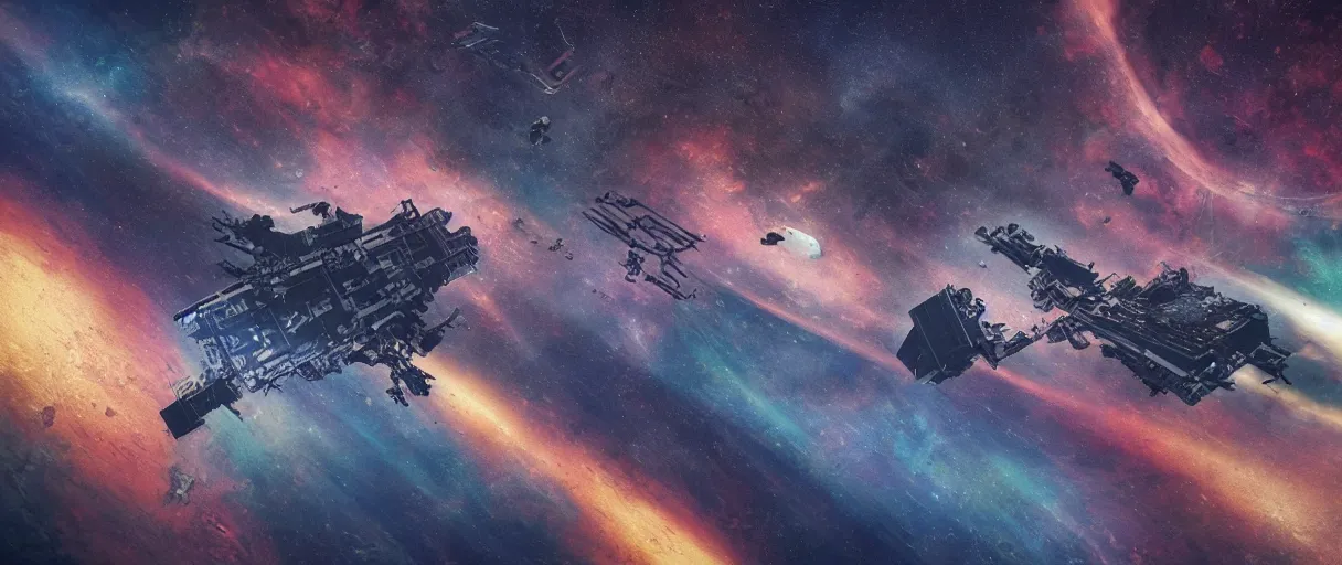 Prompt: tiny spaceship!!, deep space exploration!!!, flying, the expanse tv series, industrial design, the final frontier, illustrative!!, punk, space pirate, painterly, hyperdetailed, hyperrealistic, utilitarian cargo ship, underexposed, cinematic lighting, 4k, wide angle, beksinski, ((neon colors))