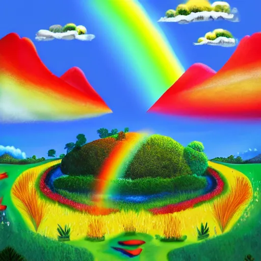 Image similar to A utopian landscape filled with rainbows, in the style of gage taylor