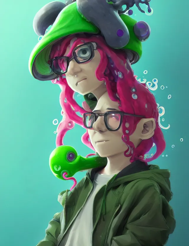 Image similar to a beautiful portrait of a cute splatoon anime male with pink tentacle hair wearing a green hoodie. character design by cory loftis, fenghua zhong, ryohei hase, ismail inceoglu and ruan jia. artstation, volumetric light, detailed, photorealistic, fantasy, rendered in octane