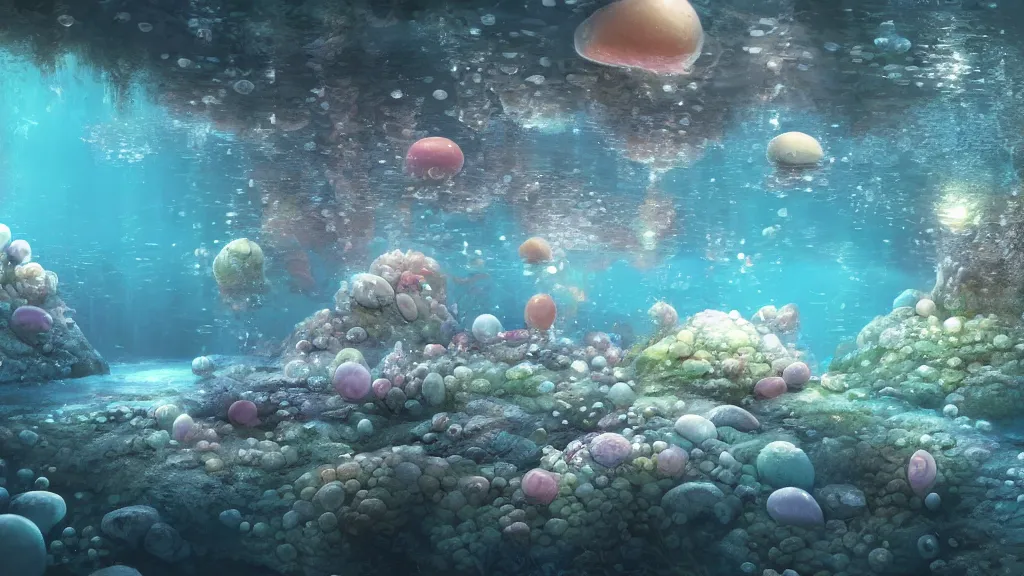 Prompt: ultra realist and ultra intricate detailed soft painting of an underwater environment, trasnslucid eggs, bubbles, elegant, reflections, focus, award winning, trending in cgsociety artstation deviant art, octane render, by Beeple