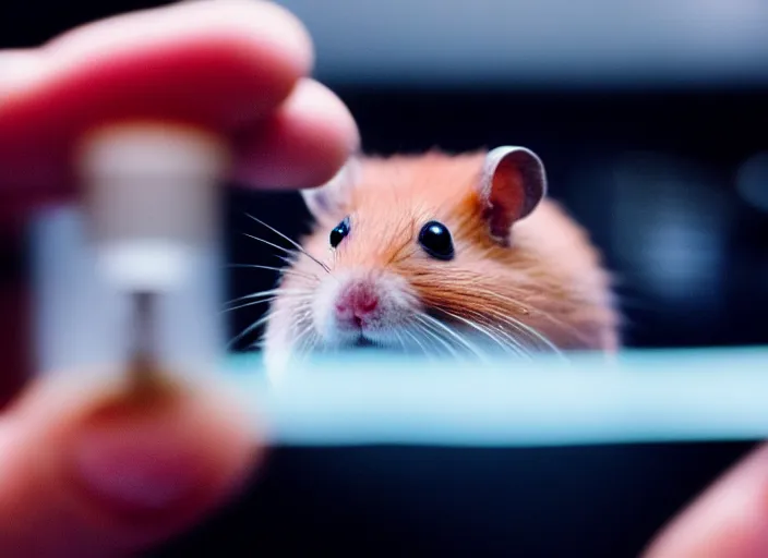 Image similar to film still of a hamster working in a research lab looking through a tiny microscope, 8 k