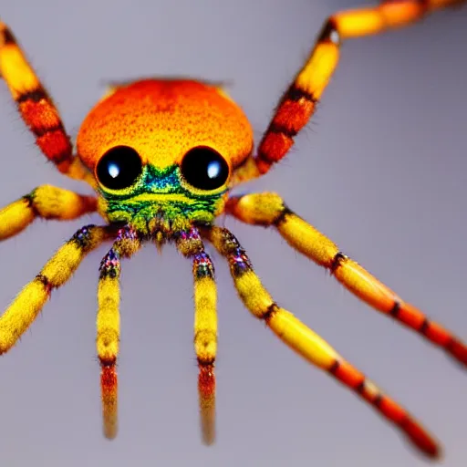Prompt: a macroshot of a rainbow coloured spider with hundreds of legs and one large eye.