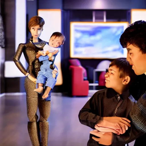 Prompt: a handsome young family with a mind controlling robotic young boy, scene from a future world where nanotechnology is ubiquitous