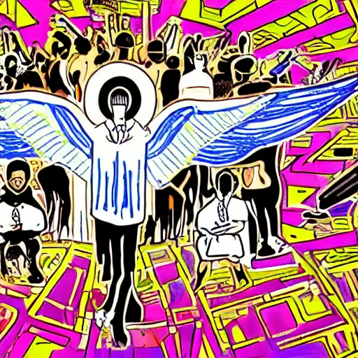 Prompt: A group of people surrounding and worshipping a Luciferian goat, in the style of Corporate Memphis, Alegria style, Big Tech art style, simple, colorful, minimalist