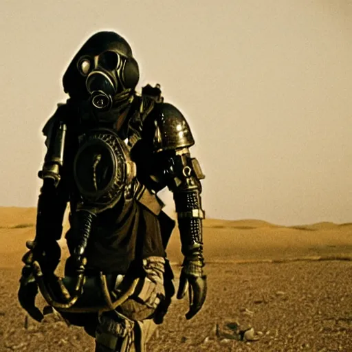 Image similar to a heavily armored man wearing a gasmask, in the desert, film still, panavision panaflex