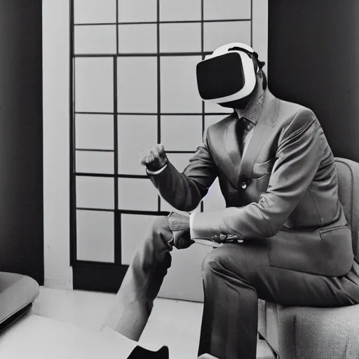 Prompt: a man wearing a high - tech vr helmet wearing a polyester suit from the 7 0 s, 7 0 s fashion, in a 7 0 s living room, magazine ad, professional photography, 3 5 mm