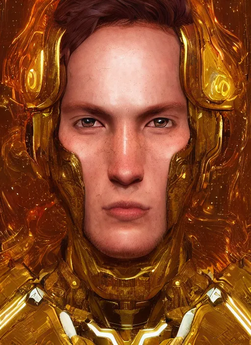 Image similar to masterpiece portrait of a cosmic man wearin glowwave armor, au naturel, hyper detailed, digital art, trending in artstation, cinematic lighting, studio quality, smooth render, unreal engine 5 rendered, octane rendered, art style by klimt and nixeu and ian sprigger and wlop and krenz cushart