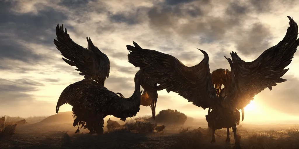 Prompt: bird wings, gold ram horns, copper goat skulls, grand imposing powerful sculpture. swirls of mist. sunrise, intense light beams, lens flare. occult photorealism, uhd, amazing depth, volumetric lighting, cinematic lighting. epic landscape.