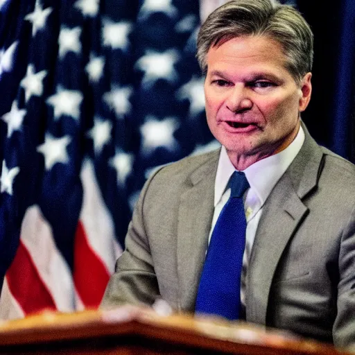 Image similar to fbi director Christopher wray in a clown costume, photo 85mm, f/1.3