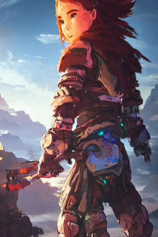 Image similar to combination suit armor aloy horizon forbidden west horizon zero dawn radiating a glowing aura global illumination ray tracing hdr fanart arstation by ian pesty and alena aenami artworks in 4 k tribal robot ninja mask helmet backpack