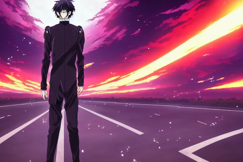 Prompt: anime illustration of lonely ikari shinji standing menacingly on an empty highway wearing a black plugsuit, cinematic lighting, evangelion anime poster, rebuild of evangelion 1 0 8 0 p, 9 0 s anime aesthetic, volumetric lights, rule of thirds, unreal engine render, pinterest wallpaper, trending on artstation