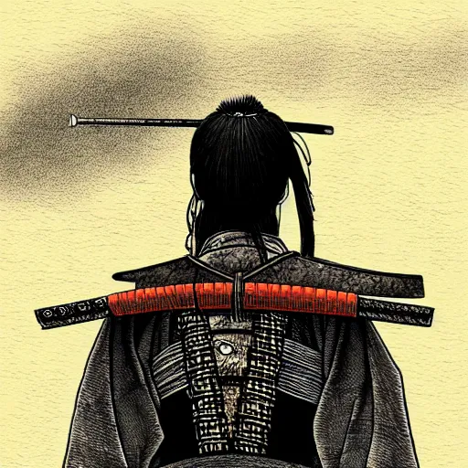 Image similar to a portrait from behind of a samurai man vagabond that holds chains, detailed, illustration, concept art, ink style, sketch